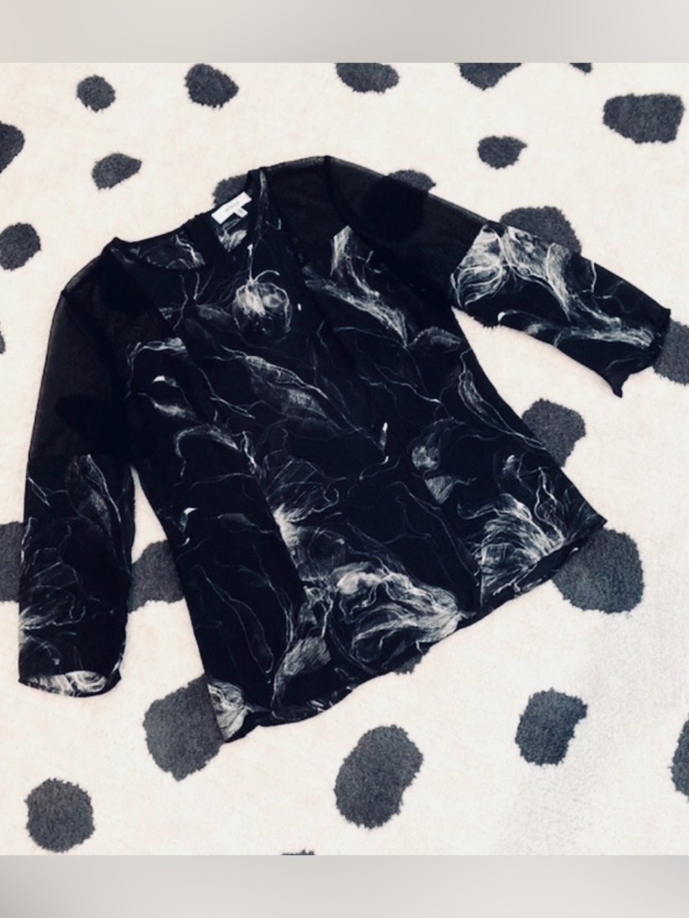 Milly $295 Women's Size 6 Black White Silk Abstract Floral Print Mesh Blouse Top